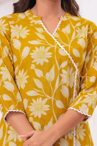 Light-yellow pure cotton printed kurta