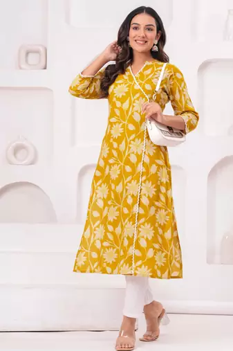 Light-yellow pure cotton printed kurta
