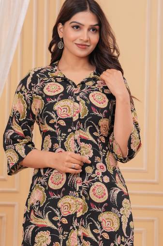 Black pure cotton printed kurta