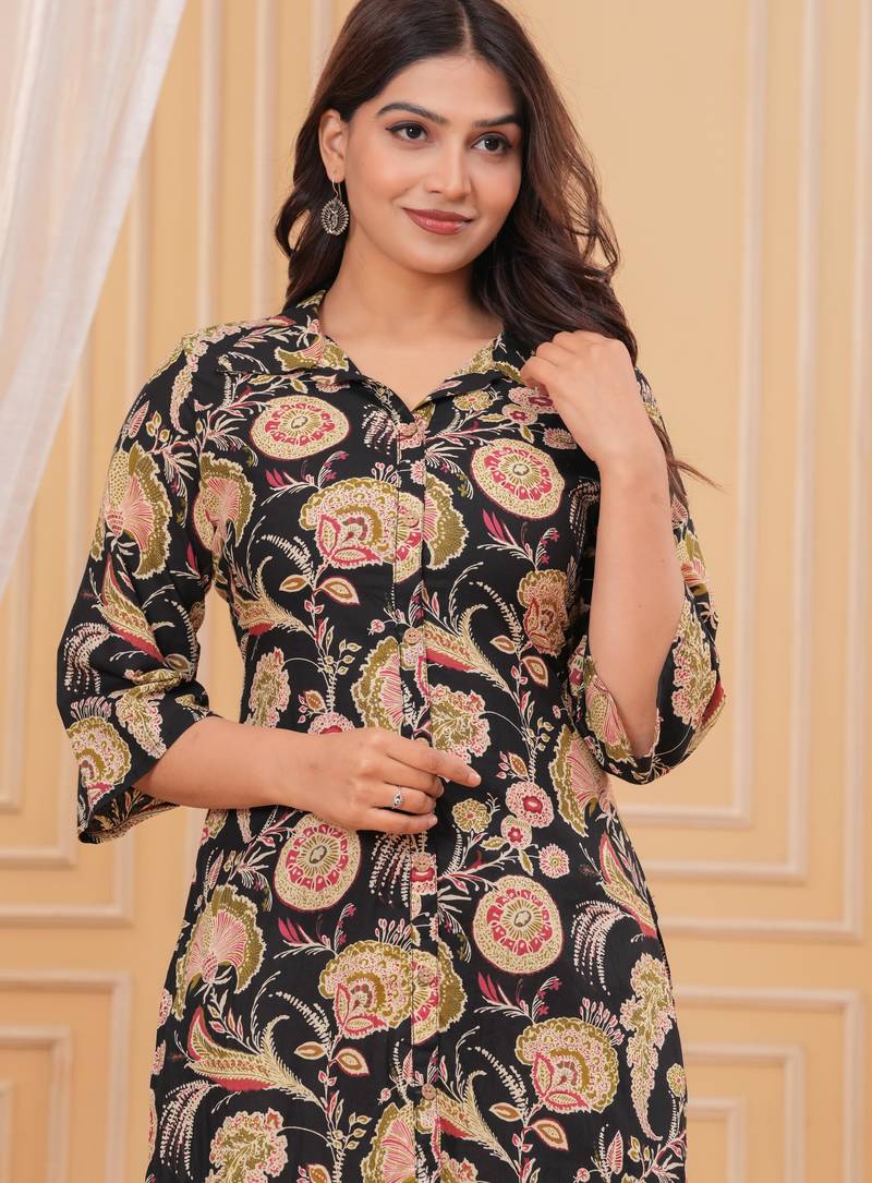 Black pure cotton printed kurta