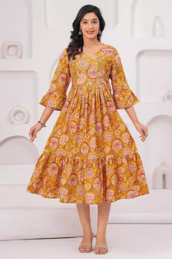 Mustard cotton printed dress