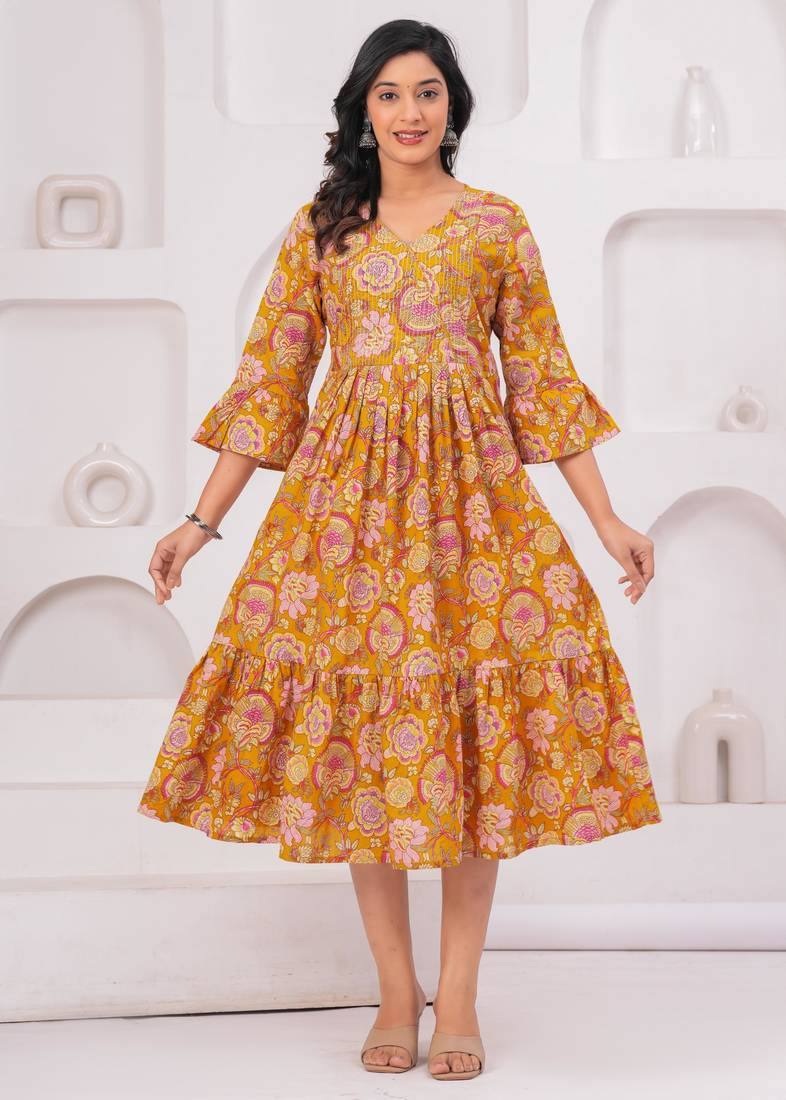 Mustard cotton printed dress