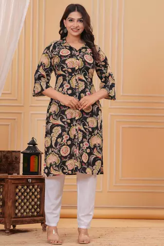 Black pure cotton printed kurta