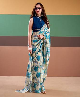 Graceful satin silk saree with floral prints 4