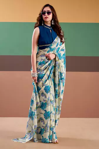 Graceful satin silk saree with floral prints