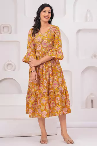 Mustard cotton printed dress