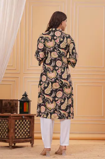 Black pure cotton printed kurta