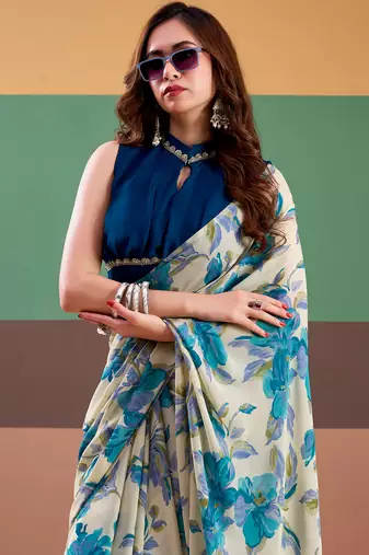 Graceful satin silk saree with floral prints