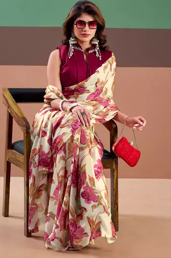 Graceful satin silk saree with floral prints