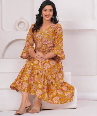 Mustard cotton printed dress 5