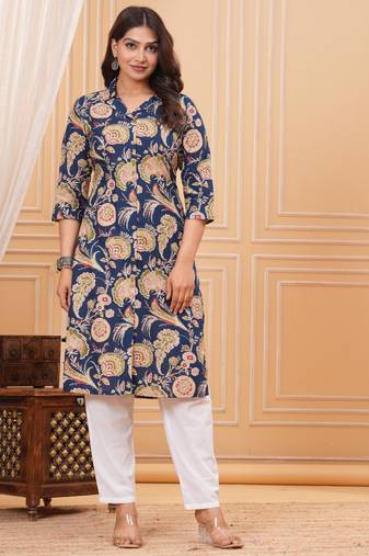 Blue pure cotton printed kurta
