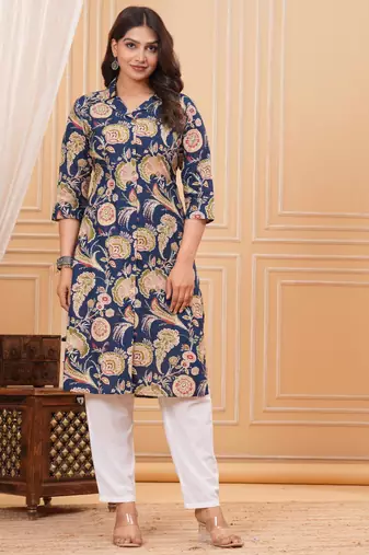 Blue pure cotton printed kurta