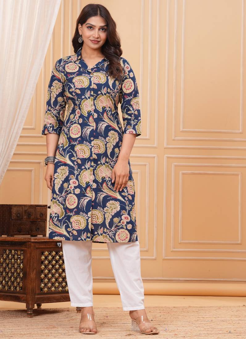 Blue pure cotton printed kurta