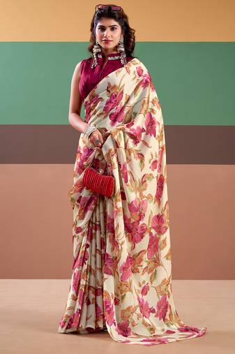 Graceful satin silk saree with floral prints