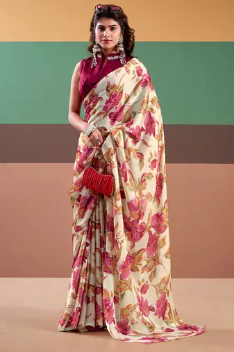 Graceful satin silk saree with floral prints