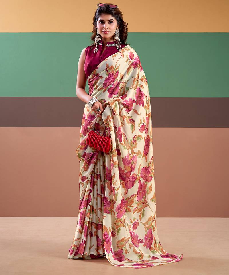 Graceful satin silk saree with floral prints