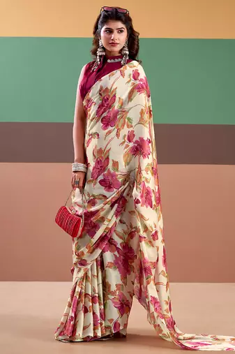 Graceful satin silk saree with floral prints