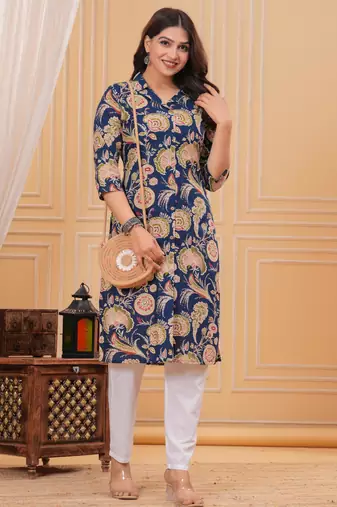 Blue pure cotton printed kurta