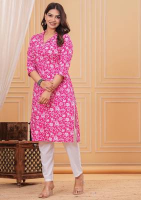 Pink pure cotton printed kurta 1