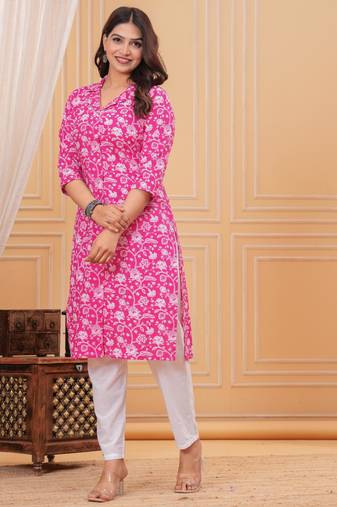 Pink pure cotton printed kurta