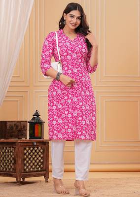 Pink pure cotton printed kurta 5