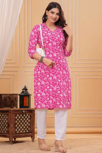 Pink pure cotton printed kurta