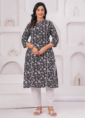 Black pure cotton printed kurta 1