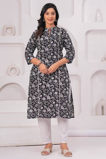 Black pure cotton printed kurta