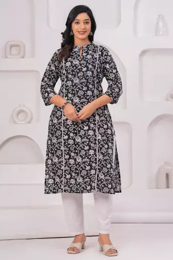 Black pure cotton printed kurta