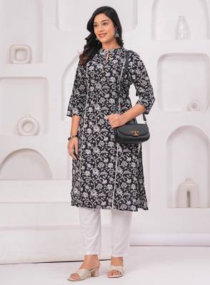Black pure cotton printed kurta 5