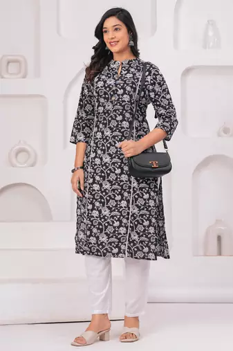 Black pure cotton printed kurta