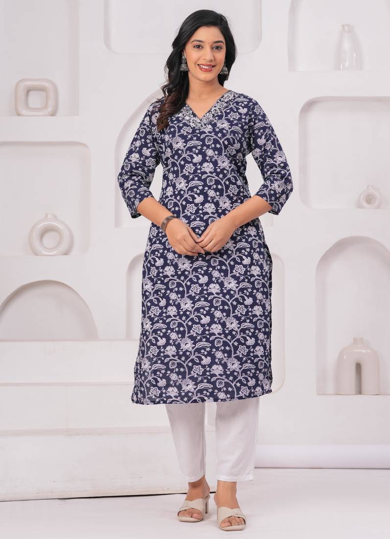 Blue pure cotton printed kurta