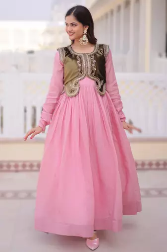 Pink chanderi embroidered Anarkali with velvet koti set