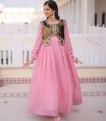 Pink chanderi embroidered Anarkali with velvet koti set