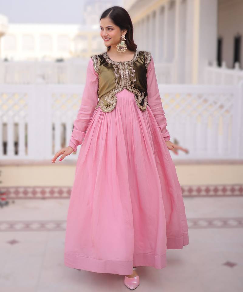 Pink chanderi embroidered Anarkali with velvet koti set