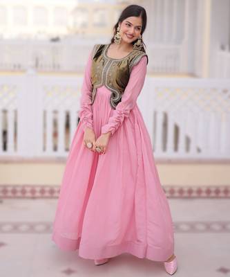 pink chanderi embroidered anarkali with velvet koti set 3