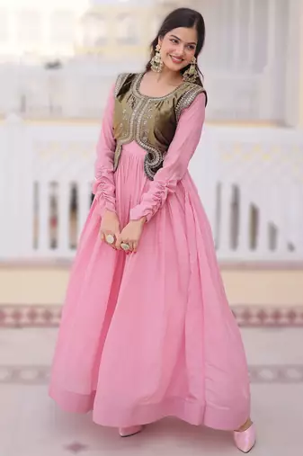 pink chanderi embroidered anarkali with velvet koti set