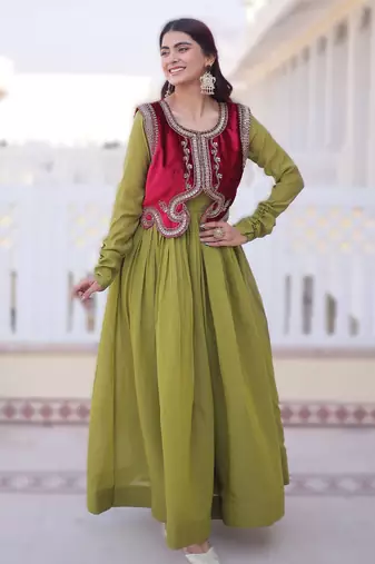 Parrot green embroidered Anarkali with velvet koti set