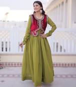 Parrot green embroidered Anarkali with velvet koti set