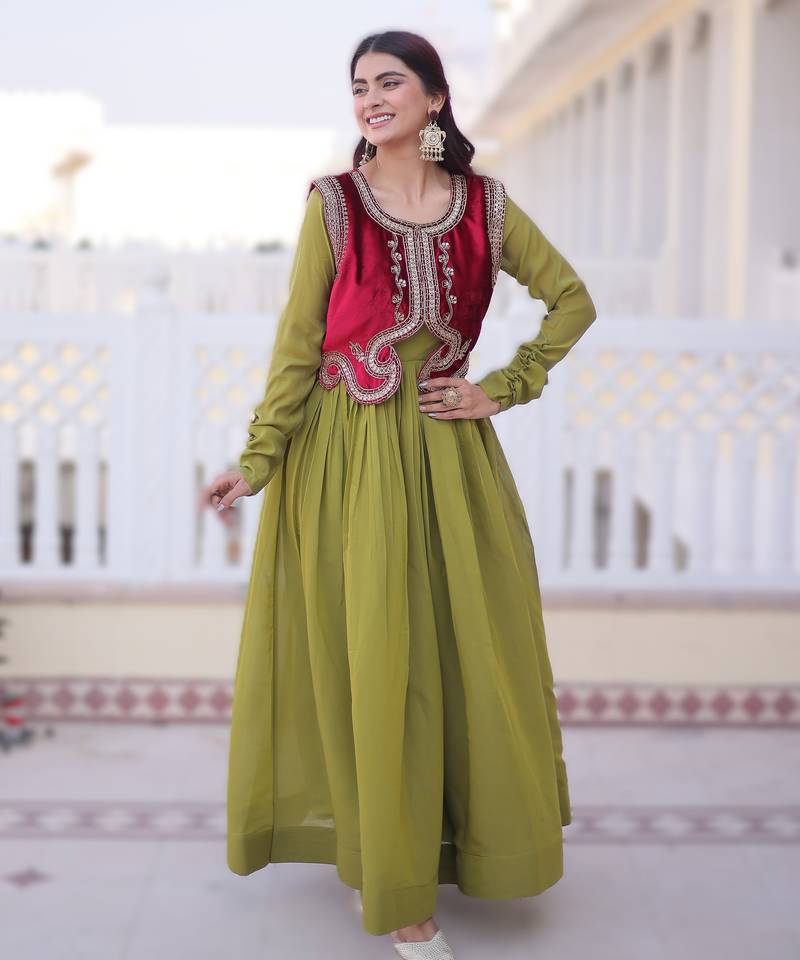 Parrot green embroidered Anarkali with velvet koti set