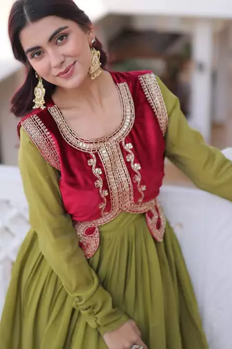 Parrot green embroidered Anarkali with velvet koti set