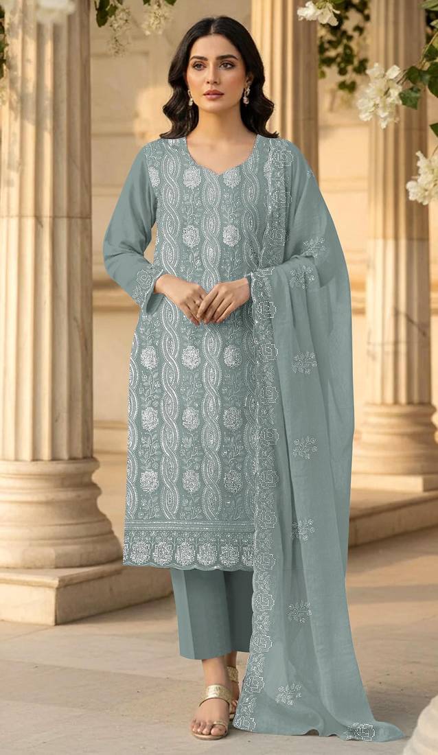 sea green faux georgette sequin embroidered suit