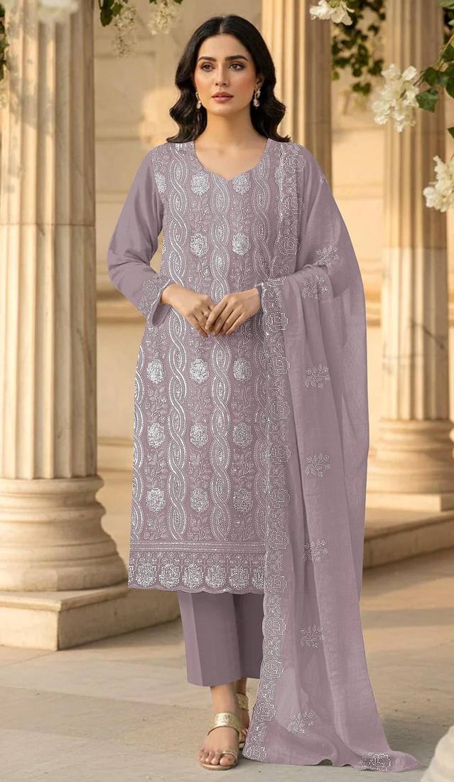 lavender faux georgette sequin embroidered suit