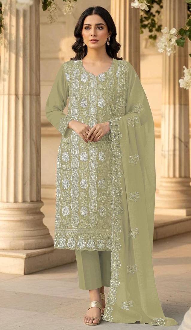 Green faux georgette semi stitched suit with embroidery & sequence work