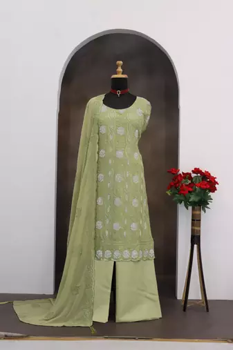 green faux georgette sequin embroidered suit