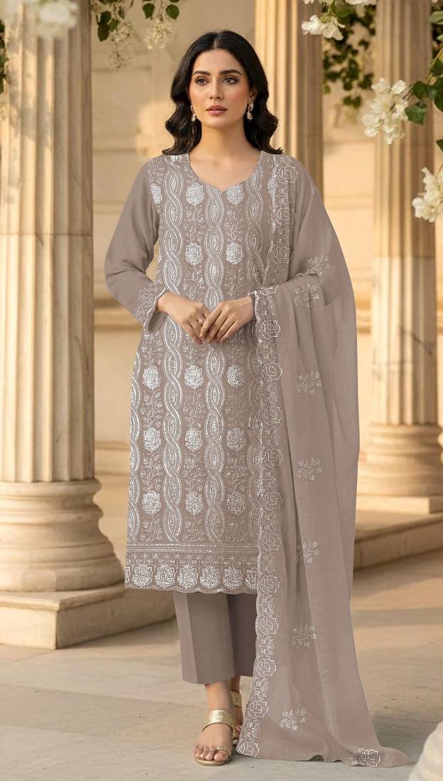 Chiku faux georgette semi stitched suit with embroidery & sequence work