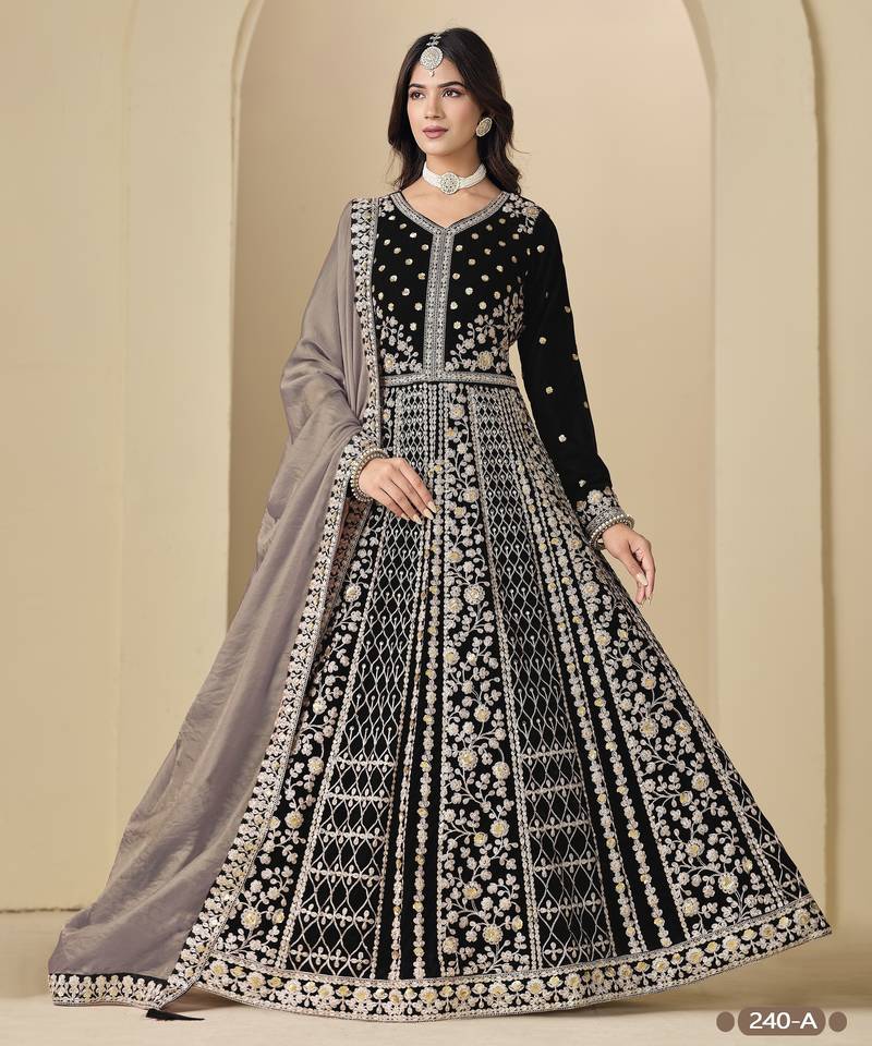 Black velvet anarkali suit with dupatta