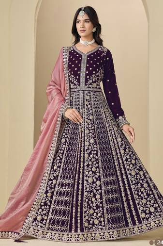 Purple velvet anarkali suit with dupatta