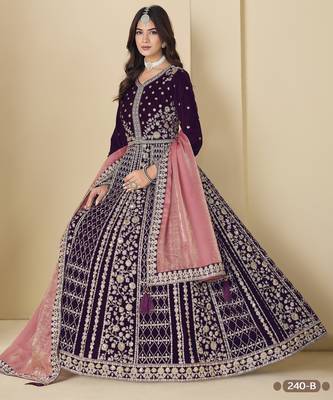Purple velvet anarkali suit with dupatta 3