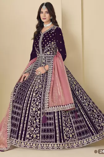 Purple velvet anarkali suit with dupatta